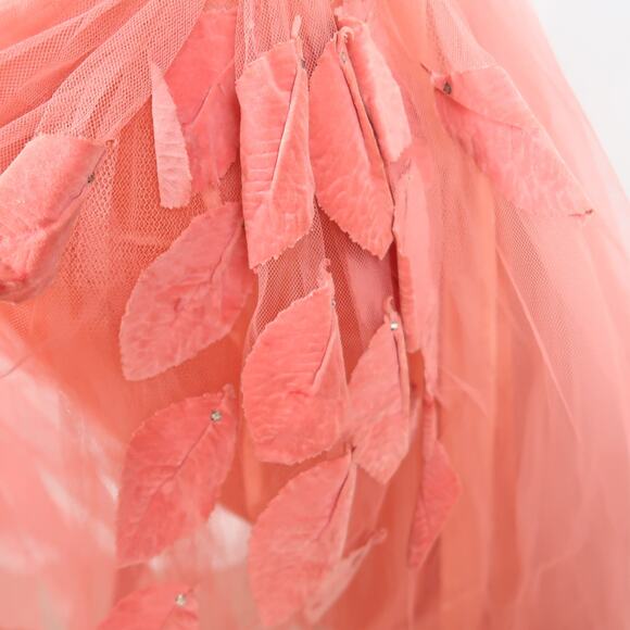 Vintage 50s Strapless Coral Pink Tulle Velvet Leaf Applique Formal Prom Dress XS - Picture 9 of 9